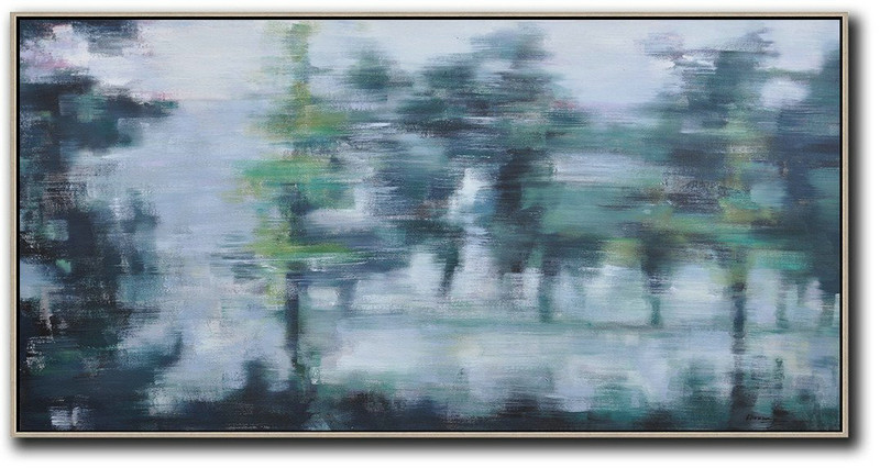 Extra Large 72" Acrylic Painting,Panoramic Abstract Landscape Painting,Extra Large Wall Art,White,Purple Grey,Dark Green